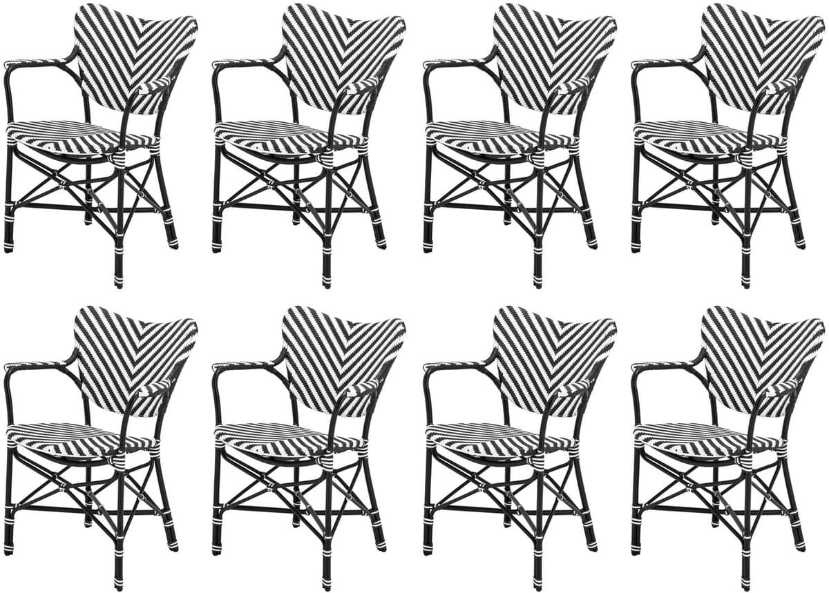 Casa Padrino Luxus Esszimmer Stuhl 8er Set mit Armlehnen Weià / Schwarz 63 x 54 x H. 87 cm - Luxus Rattan Garten Stühle - Esszimmer Möbel - Garten Möbel - Rattan Möbel - Luxus Möbel