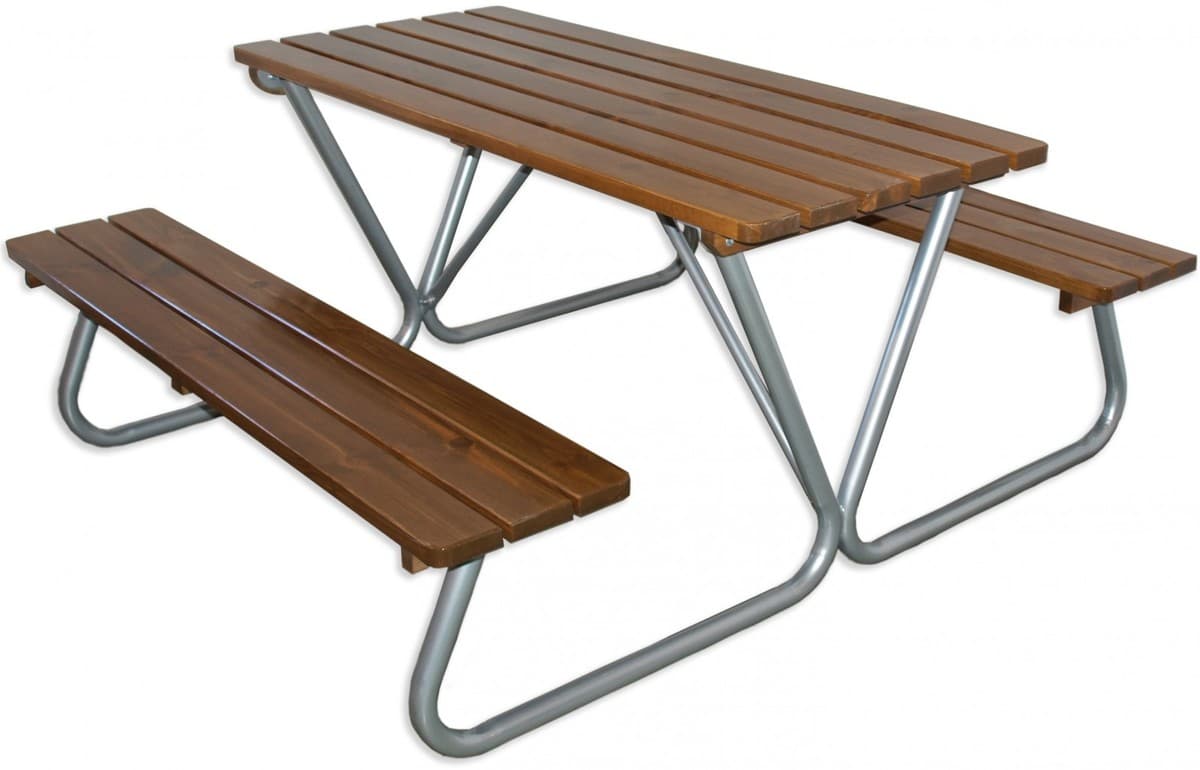 Casa Padrino Picknicktisch mit integrierten Sitzbänken Dunkelbraun / Silber 180 cm - Picknick Möbel