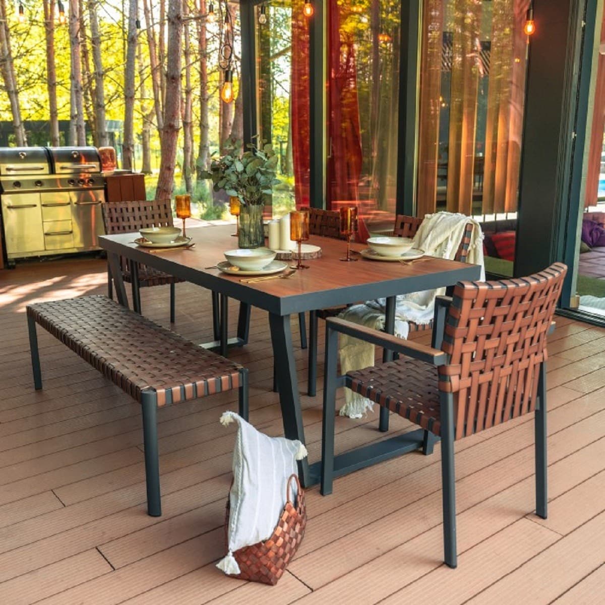 Casa Padrino Luxus Garten Möbel Set Braun / Grau - 1 Gartentisch & 4 Gartenstühle & 1 Gartenbank