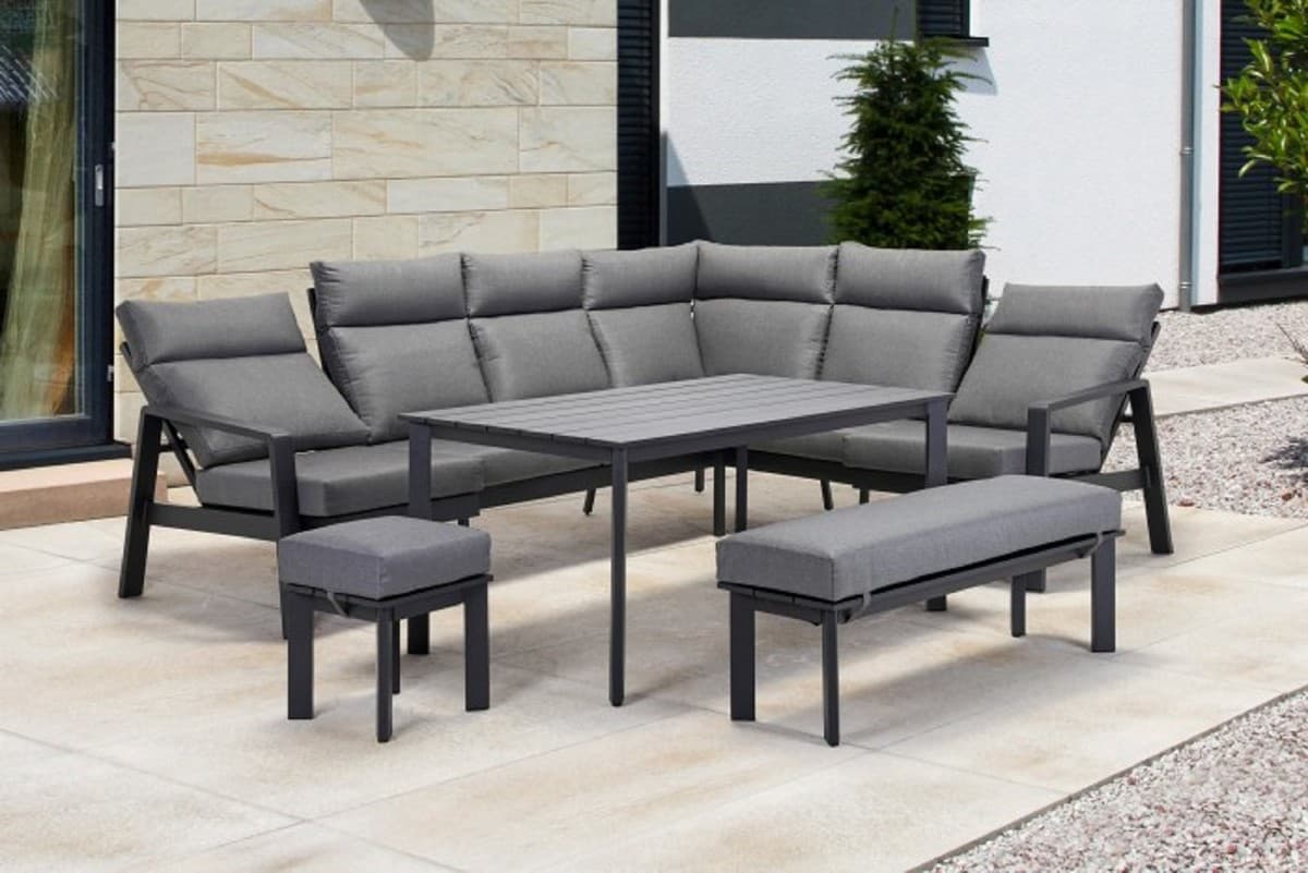 Casa Padrino Luxus Garten Möbel Set Grau - 1 Tisch & 1 Ecksofa & 1 Sitzbank & 1 Hocker