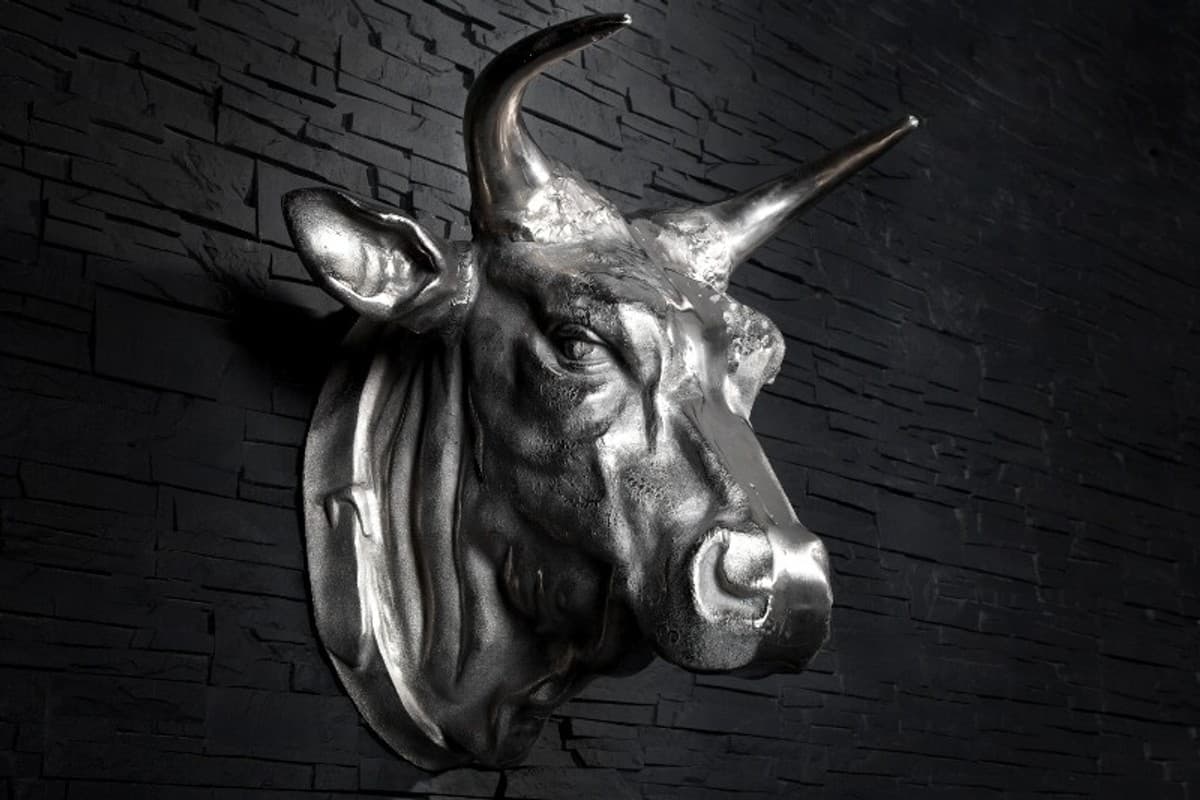 Casa Padrino Designer Stierkopf Torero Höhe: 53 cm, Breite: 63 cm, Tiefe: 53 cm edle Skulptur aus Aluminium, vernickelt - Edel & Prunkvoll