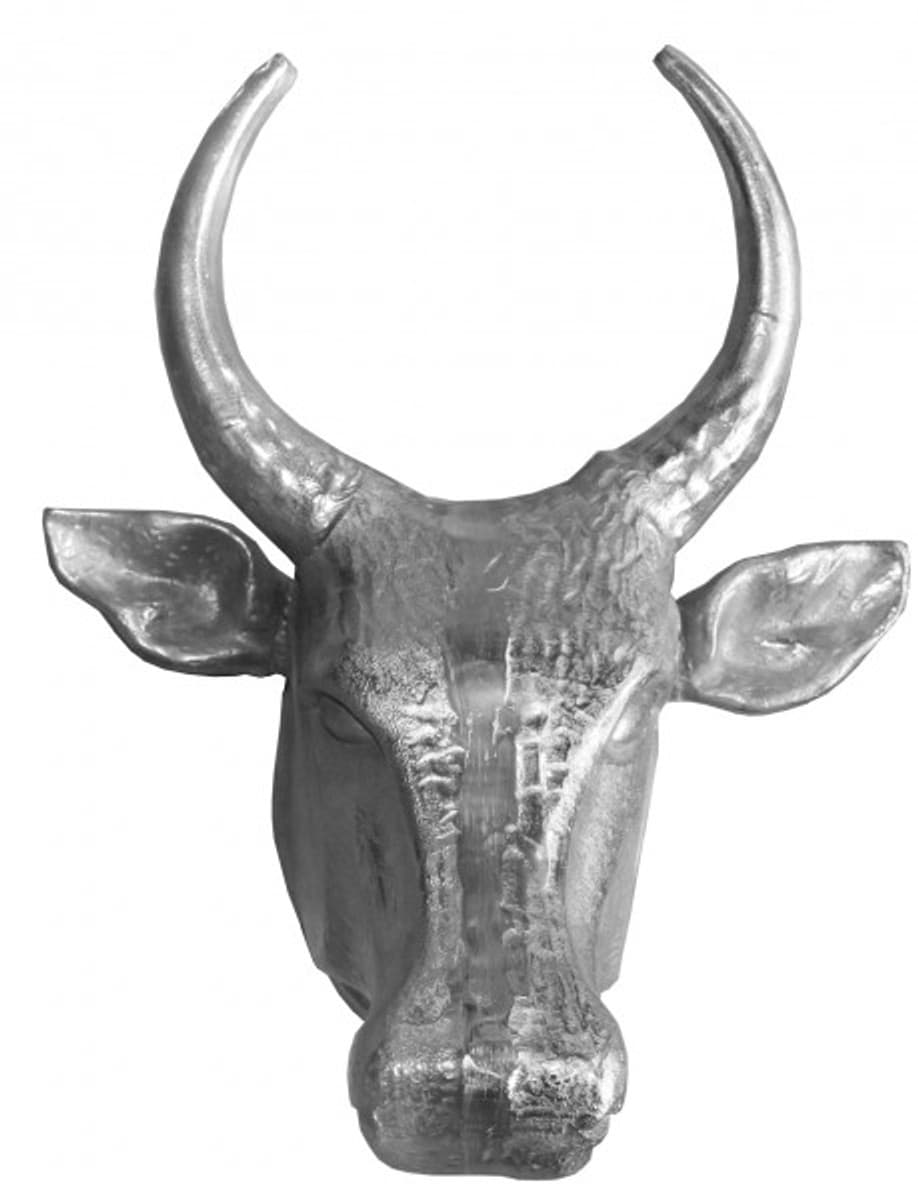 Casa Padrino Designer Stierkopf Höhe: 70 cm, Breite: 58 cm, Tiefe: 42 cm edle Skulptur aus Aluminium, poliert - Edel & Prunkvoll