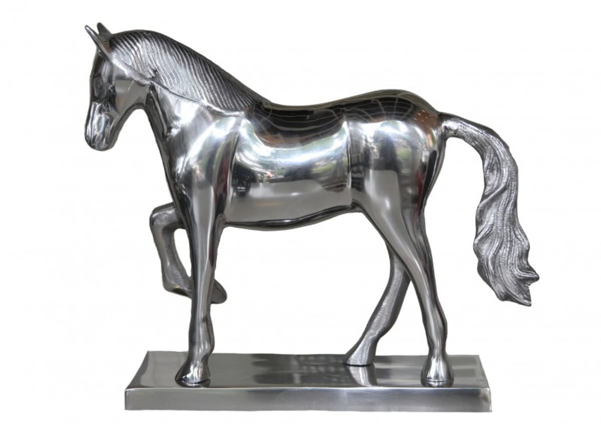 Casa Padrino Luxus Figur Pferd auf Sockel, Silber, B 35 cm, H 30,5 cm - Massive Skulptur - Edel & Prunkvoll
