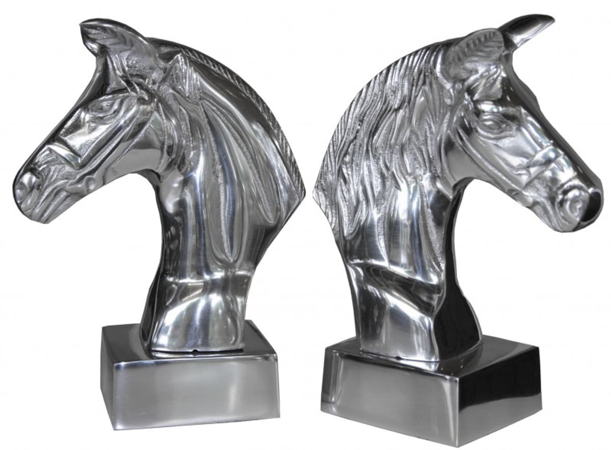Casa Padrino Luxus Bücherstützen Pferdeköpfe aus Aluminium auf Sockel - Bücherstütze - Book End Pferdekopf Horse Head Buchstütze
