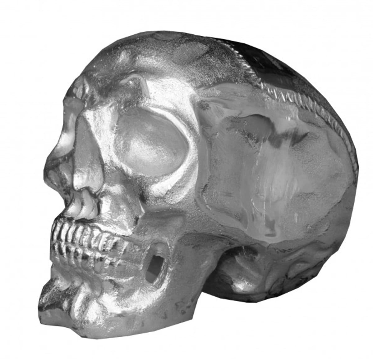 Casa Padrino Designer Skull Mod1L silber Höhe 16,5 cm, Breite 14 cm, Tiefe 18 cm, Totenkopf - edle Skulptur aus Aluminium vernickelt