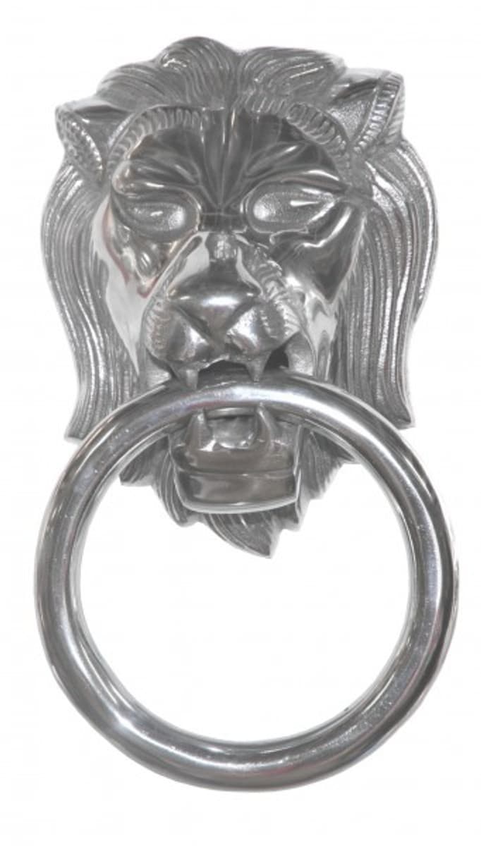 Casa Padrino Designer Löwenkopf Lion Handtuchhalter aus Aluminium vernickelt Höhe: 31 cm, Breite: 17,5 cm, Tiefe: 10 cm - Wandfigur - Handtuchring - WC Bad Dekoration
