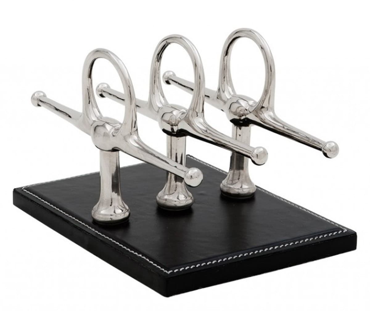Casa Padrino Luxus Briefständer Echtleder Schwarz / Nickel 4 x 8 cm x H12cm - Leder Ständer Briefe Visitenkarten - Büro Accessoire