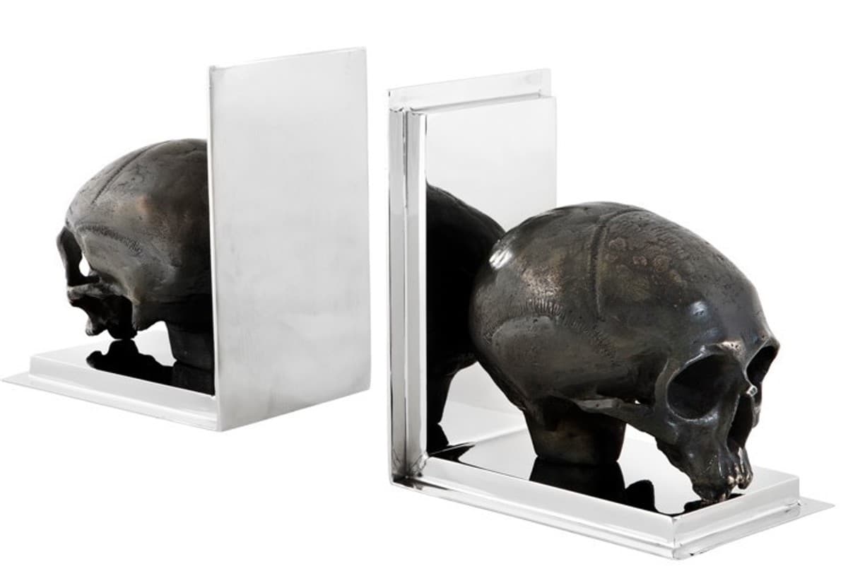 Casa Padrino Luxus Bücherstützen Set Totenkopf Silber / Antik Bronze 12,5 x 19 x H. 20,5 cm - Schreibtisch Deko - Wohnzimmer Deko - Deko Accessoires - Luxus Accessoires