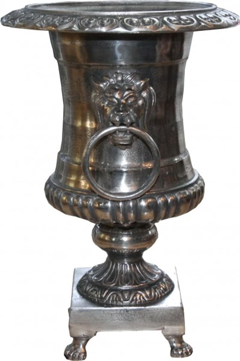 Casa Padrino Antik Stil Vase Lion aus Aluminium vernickelt - Pflanzentopf - Hotel Dekoration - Barock Blumengefäss