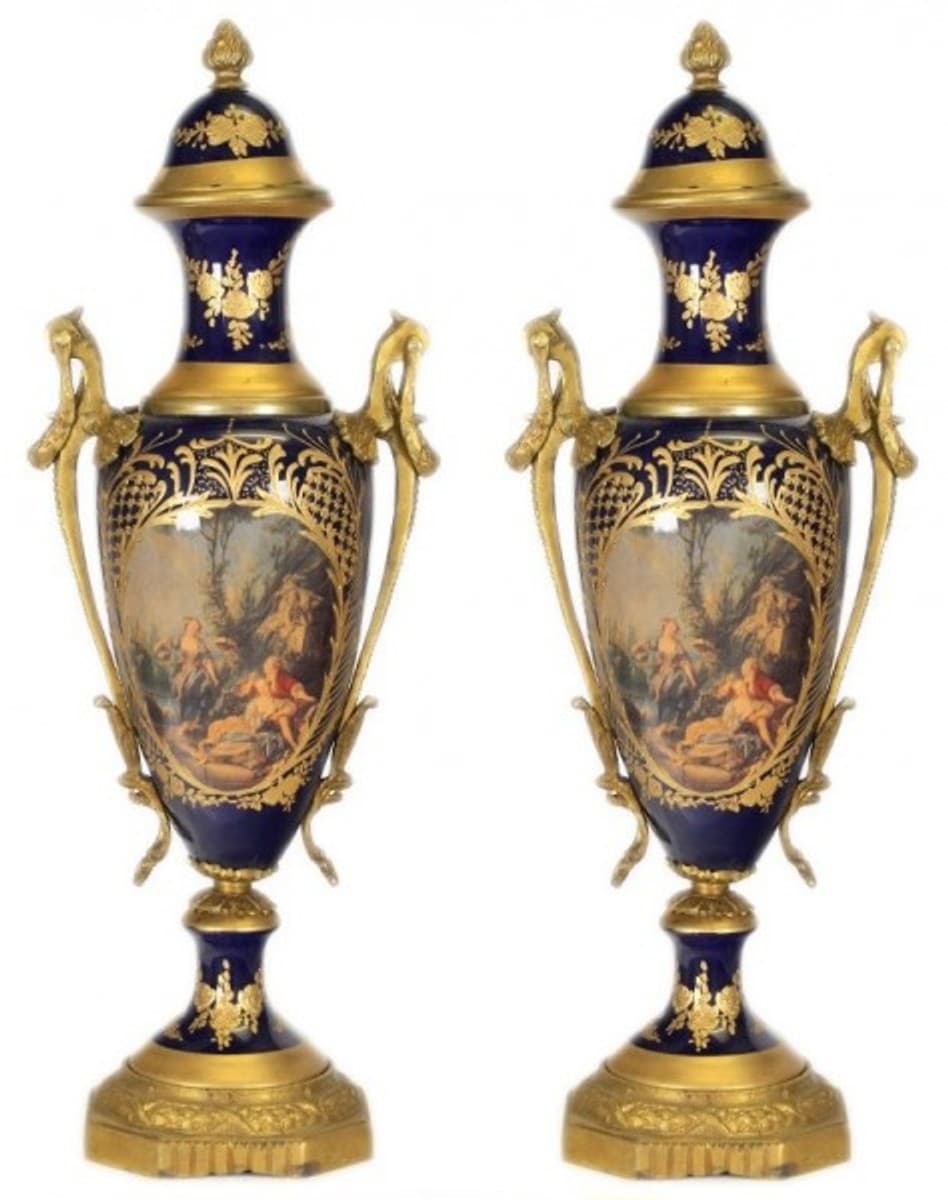 Casa Padrino Barock Porzellan Pokal Set Kobalt / Gold B20 H58 cm (2 Stück) - Grand Decor - Hotel Dekoration