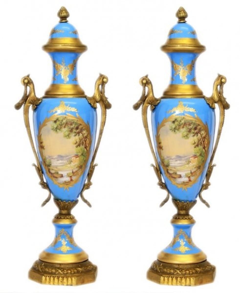 Casa Padrino Barock Porzellan Pokal Set Hellblau / Gold B20 H58 cm (2 Stück) - Grand Decor - Hotel Dekoration