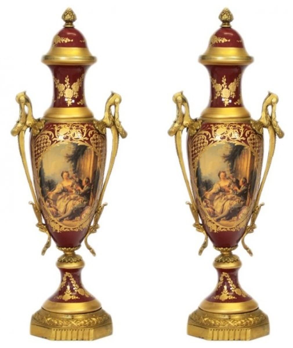 Casa Padrino Barock Porzellan Pokal Set Bordeaux Rot / Gold B20 H58 cm (2 Stück) - Grand Decor - Hotel Dekoration