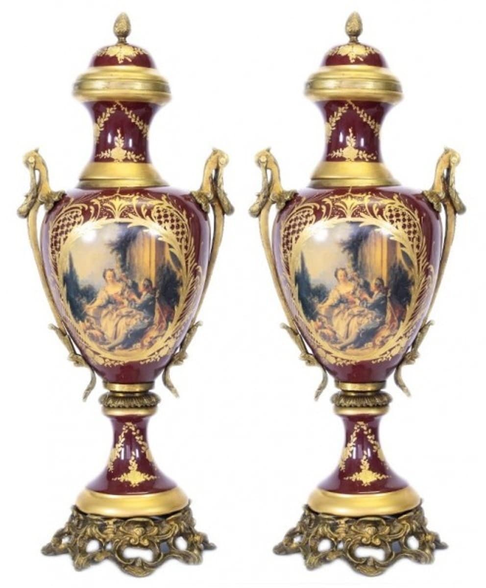Casa Padrino Barock Porzellan Pokal Set Bordeaux Rot / Gold B26 H63 cm (2 Stück) - Grand Decor - Hotel Dekoration