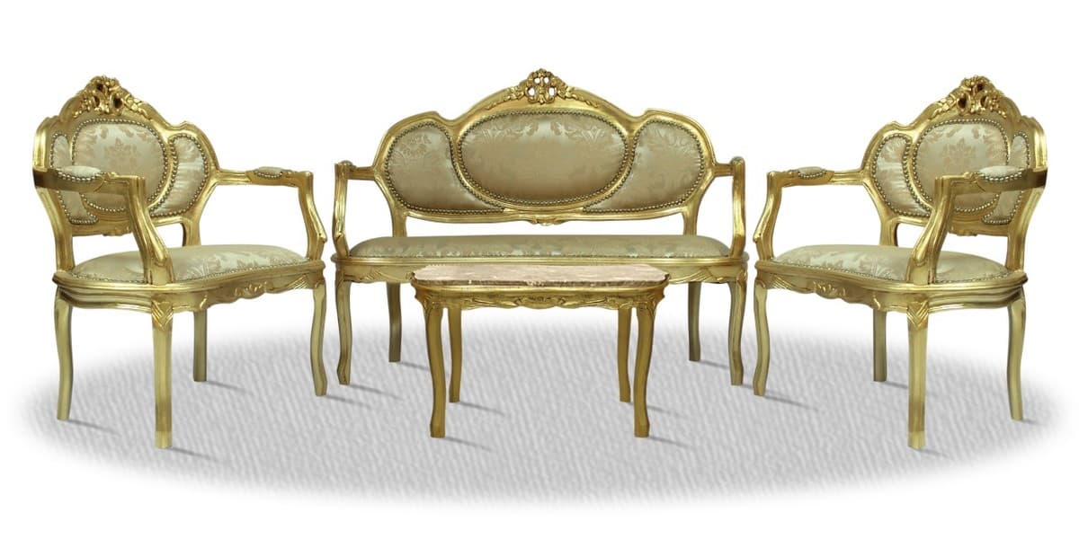 Casa Padrino Barock Salon Set mit Sitzbank 2 Stühle und Tisch - Hotel Möbel Antik Stil