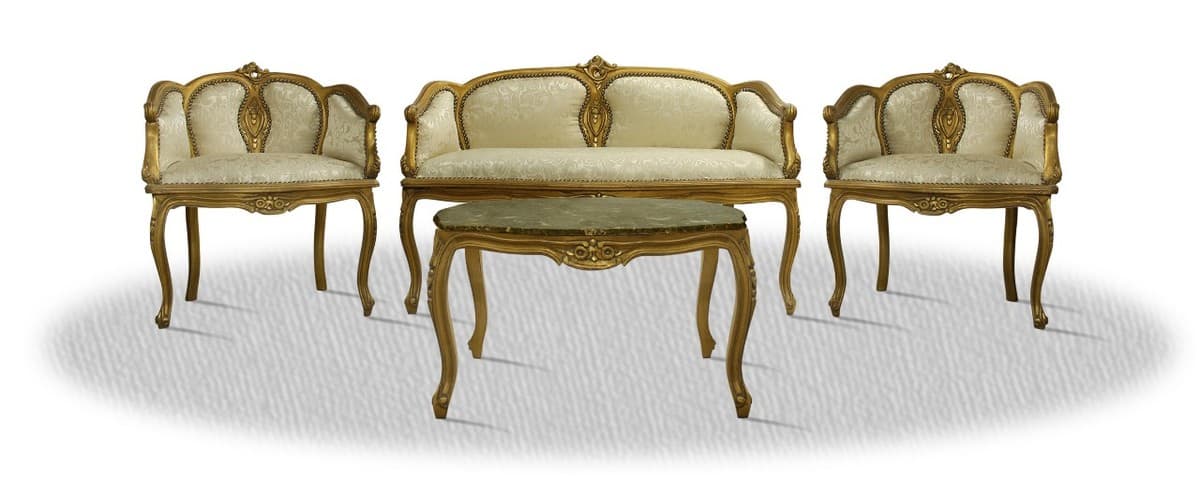 Casa Padrino Barock Salon Set mit Sitzbank 2 Stühlen und Tisch - Barock Hotel Möbel