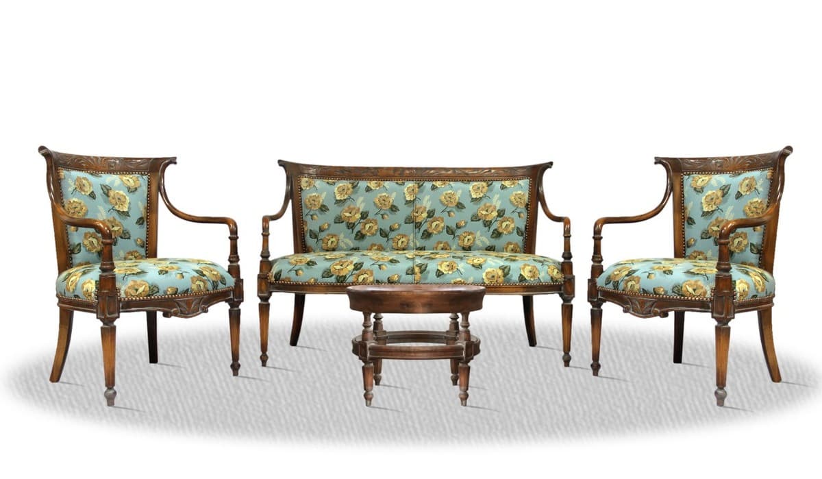 Casa Padrino Salon Set antik braun blau mit Blumenmuster - Luxus Kollektion