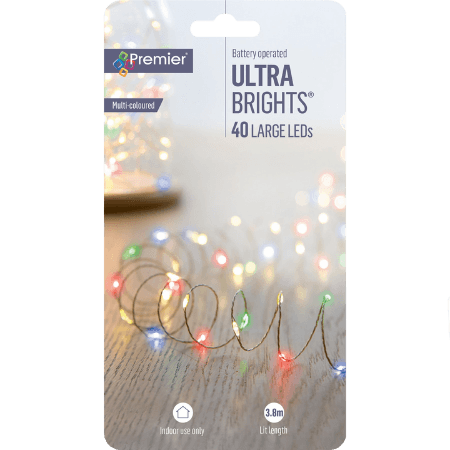 Premier 40 LED-paristokäyttöinen monivärinen valoketju - 3 9 metriä