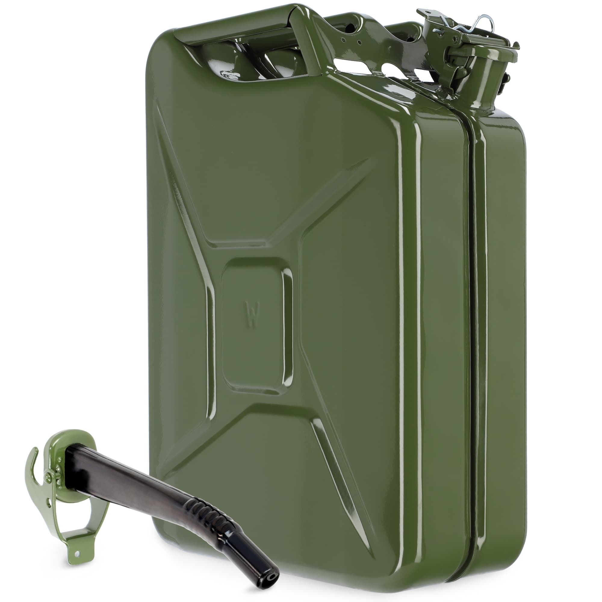 Kanister na paliwo stalowy 3 uchwyty, 20L + lejek 25 cm, zielony