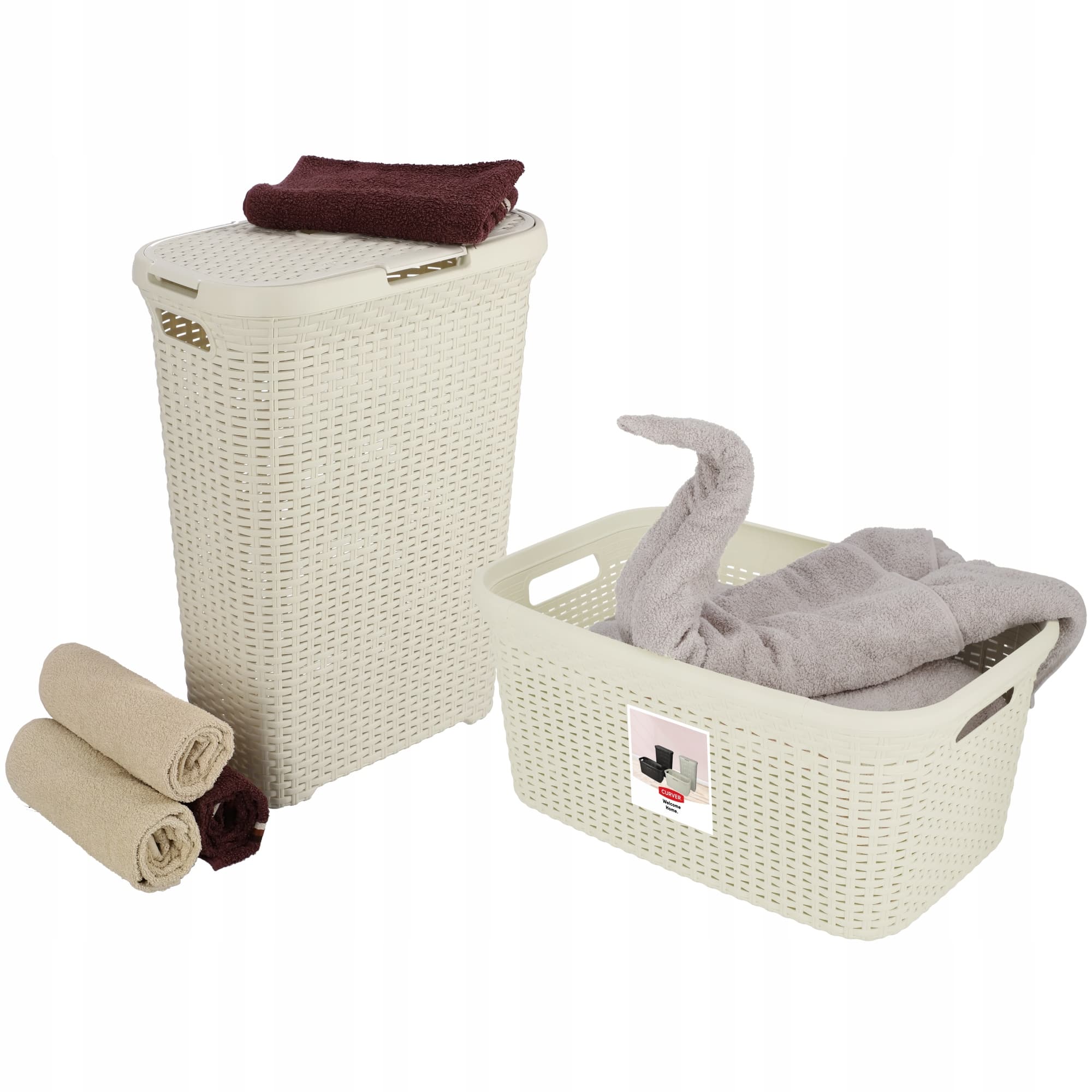 Kosz z pokrywą 40L + pojemnik 45L Curver Natural Style kremowy