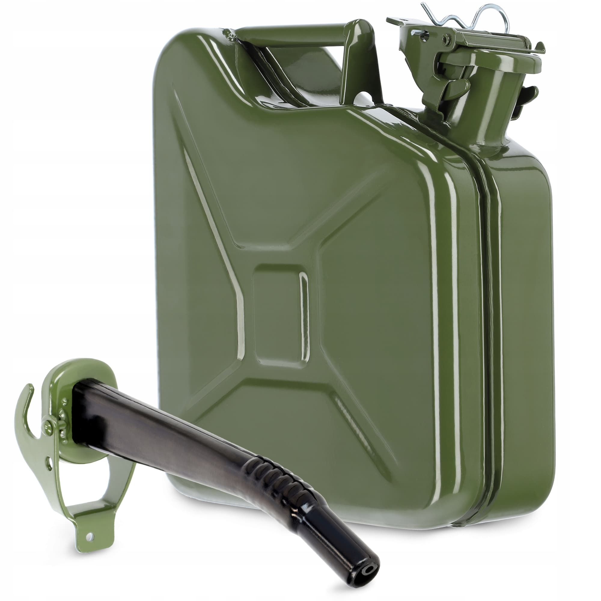 Kanister na paliwo stalowy 5L + lejek 25 cm, zielony