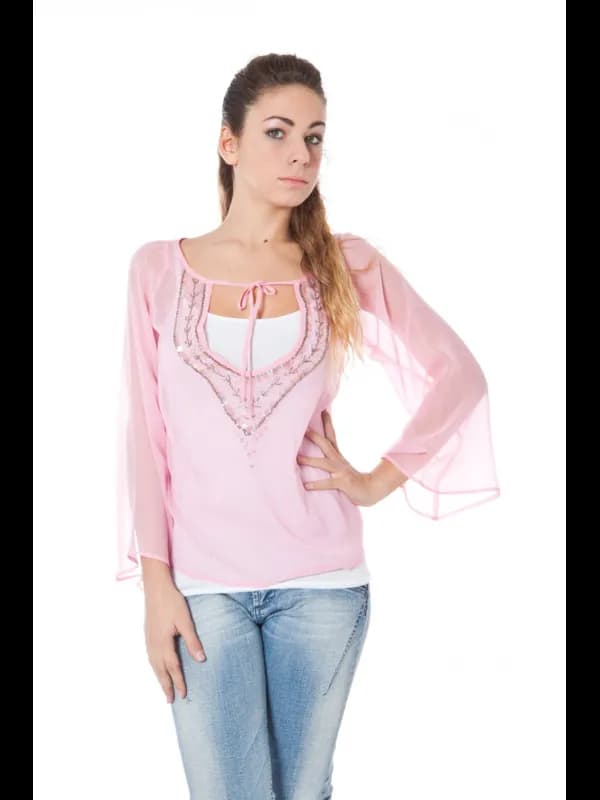 PHARD Rosa Pailletten V-Ausschnitt T-Shirt, Größe L