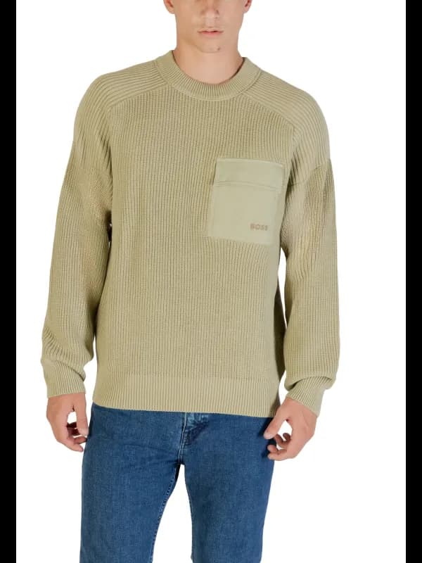 Boss Herren Pullover Beiger Langarm Rundhals mit Außentasche, Größe XXL