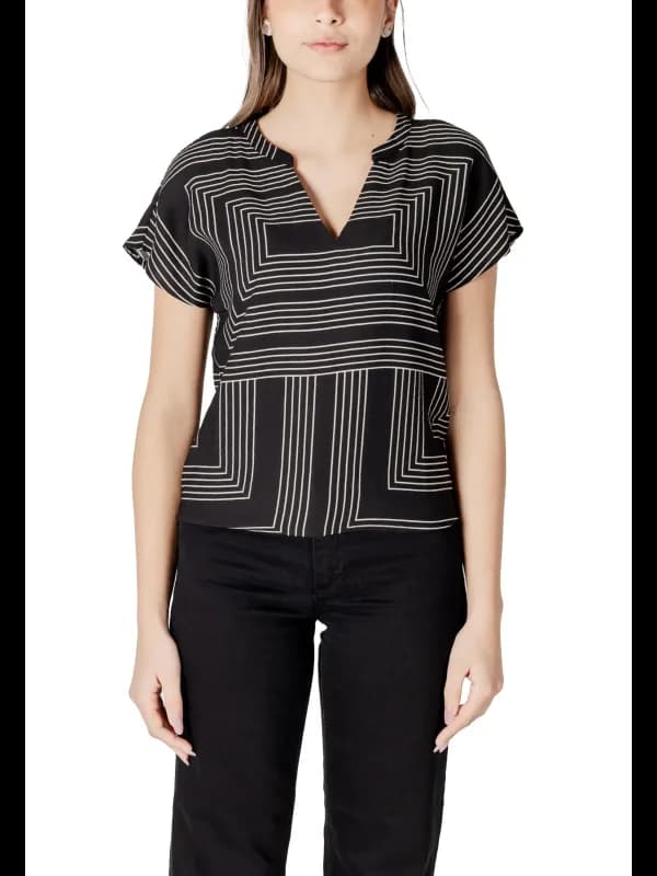 Jacqueline De Yong Geometrisches V-Ausschnitt T-Shirt Schwar, Größe M