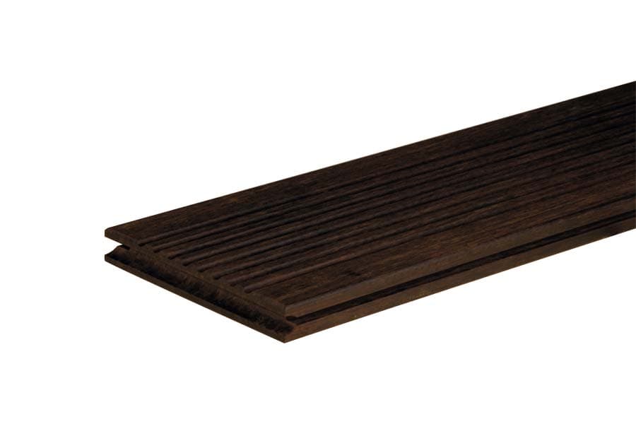 Lames de terrasse en bambou, rainurées grossièrement d'un côté / lisses d'un côté, huilées moka, posables d'un côté avec veines de bois sur la face visible, 20 mm (épaisseur) x 137 mm (largeur) x 1850 (longueur) mm