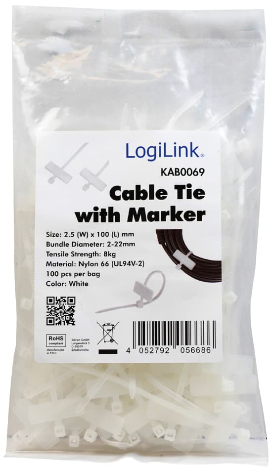 LogiLink Kabelbinder mit Beschriftungsfeld, Nylon, weiß