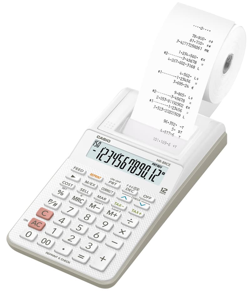CASIO druckender Tischrechner Modell HR-8 RCE-WE, weiß