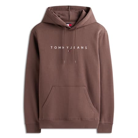 Tommy Jeans Linear Logo Embroidery Kangaroo Pocket Hoodie - Coffee Brown - XS