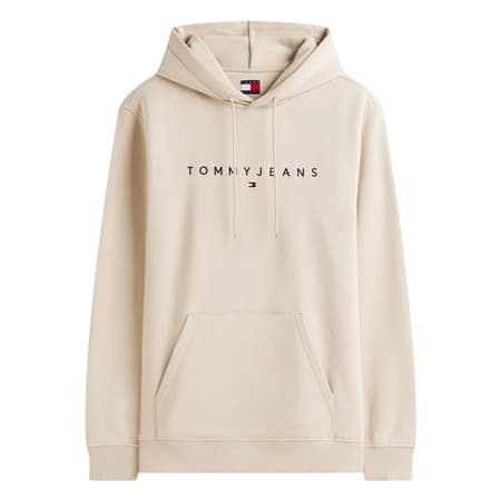 Tommy Jeans Linear Logo Embroidery Kangaroo Pocket Hoodie- Beige - XS