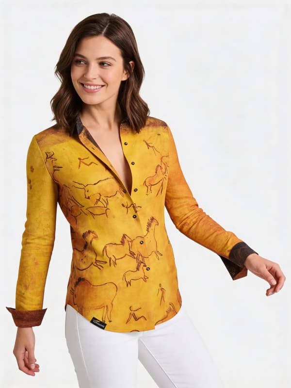 CAVEMAN - Ocker orangefarbene Bluse mit Höhlenmalerei - GERMENS