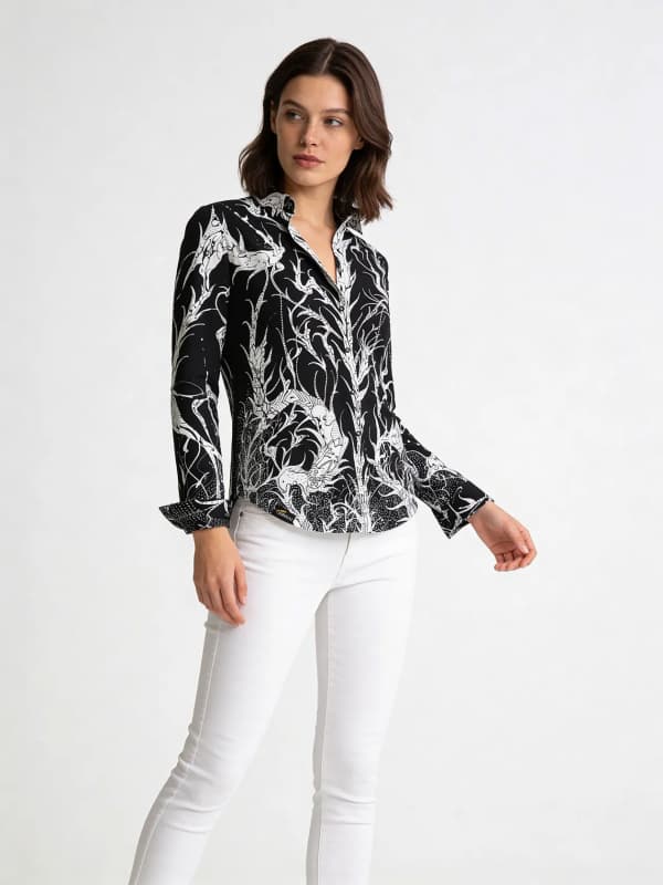 DORNRÖSCHEN BLACK - Schwarze Bluse mit weißer Zeichnung - GERMENS