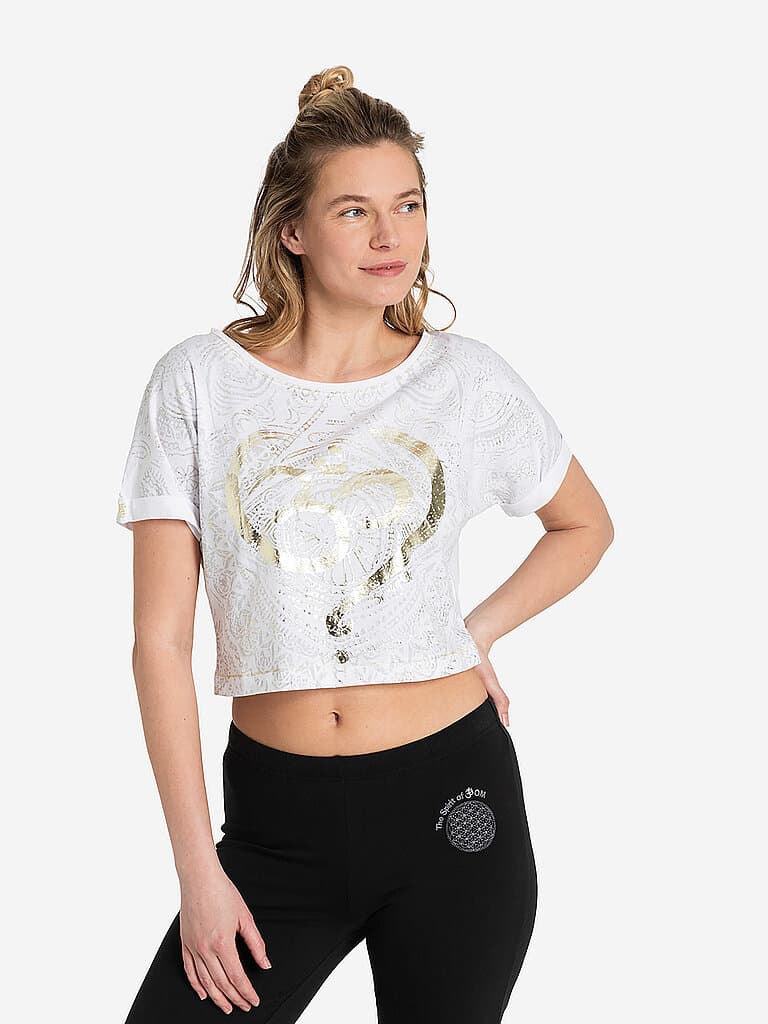 THE SPIRIT OF OM Damen Yogashirt Crop OM Time weiss | M