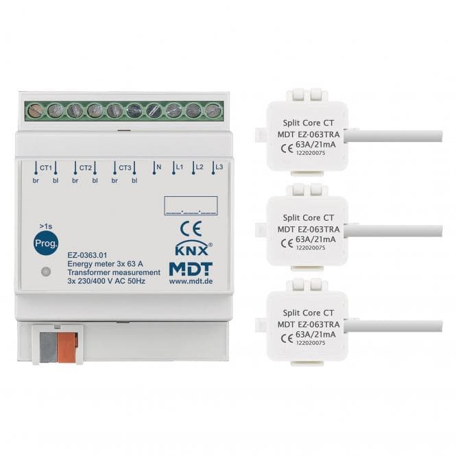 MDT Energiezähler 3-fach 63 A Wandlermessung, 4TE REG, 230/400 V AC