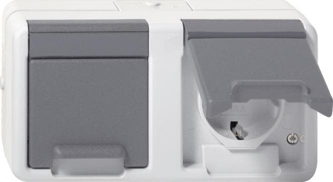 GIRA 478130 SCHUKO-Doppelsteckdose waagerecht Klappdeckel WG AP IP44 Grau