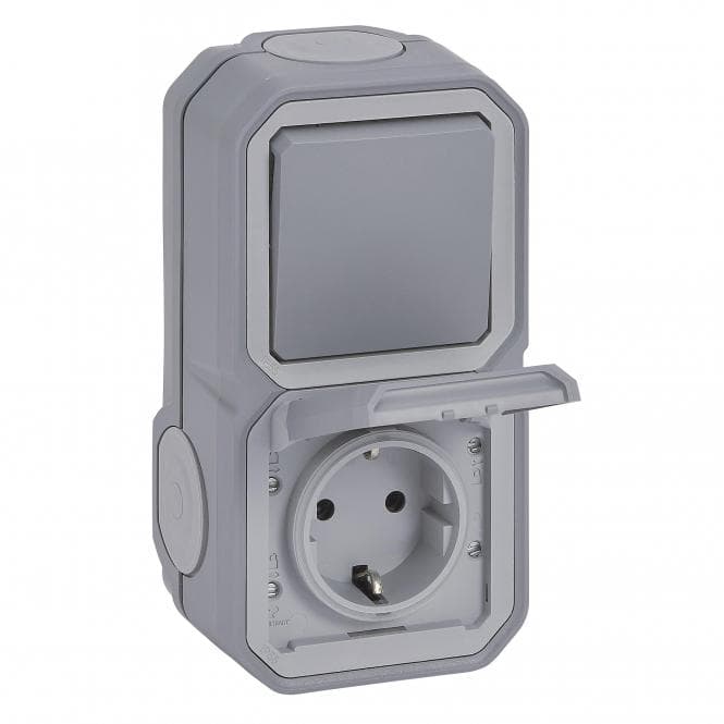 Legrand 069746L Plexo New FRAP IP44 Kombi Wechsel/Schuko grau senkrecht