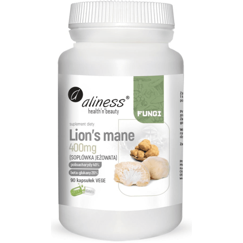Pamięć i Koncentracja Soplówka Jeżowata Aliness Lion’s Mane Ekstrakt 40/20, 400mg 90vkaps