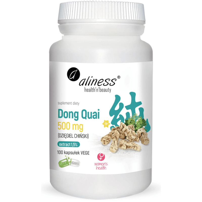 Kobieca Kondycja Dzięgiel Chiński Aliness Dong Quai Ekstrakt 1,5% 500mg 100vkaps
