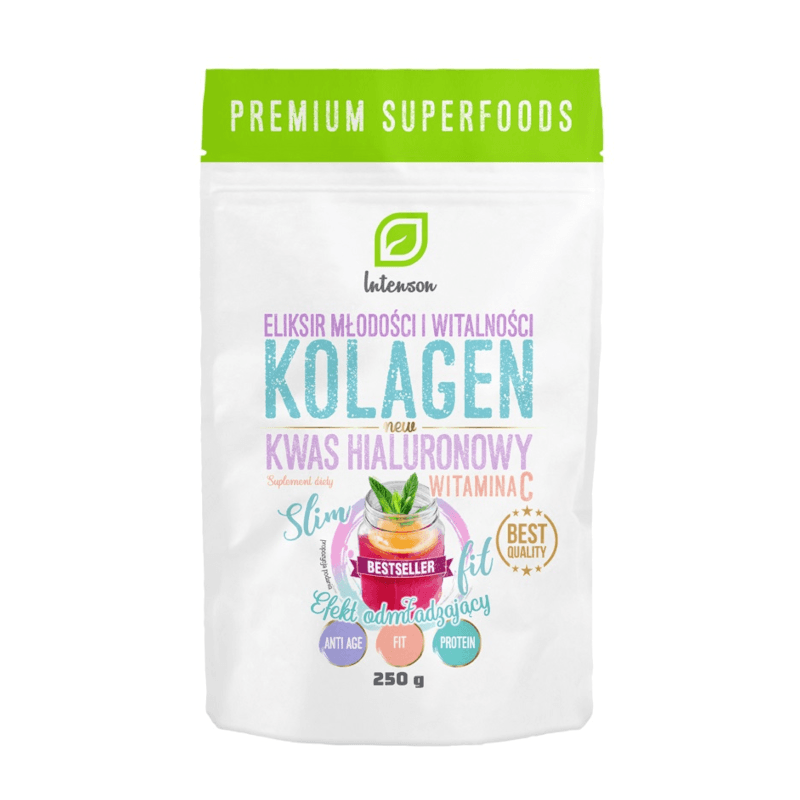 Wsparcie Włosów, Skóry, Paznokci Kompleks Intenson Kolagen + Wit C + Kwas Hialuronowy 250g