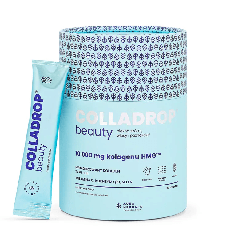 Wsparcie Włosów, Skóry, Paznokci Kolagen Rybi Aura Herbals Colladrop Beauty Kolagen 10000mg 30sasz