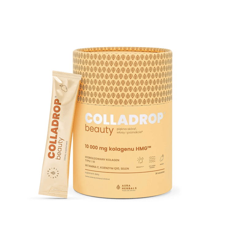 Wsparcie Włosów, Skóry, Paznokci Aura Herbals Colladrop Beauty kolagen 10000mg mango 30 saszetek